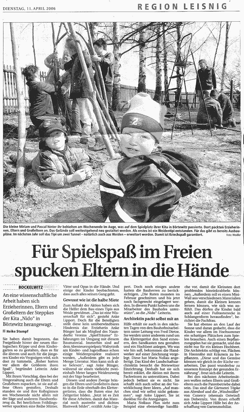 Pressearitkel berichtet über Neugestaltung des Kindergartengeländes und Arbeitseinsatz der Eltern